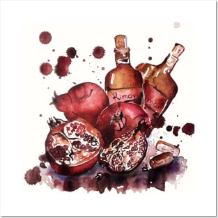 pomegranates and pomegranate wine in a splash Posters and Art